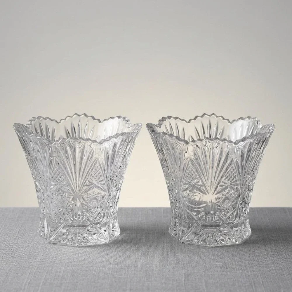 Vintage Clear Pressed Glass Rose Starburst Votive Candle Holder‎ Set of 2 Vases